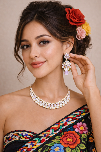 Vellorene Pastel Pearl Kundan Jewellery Set