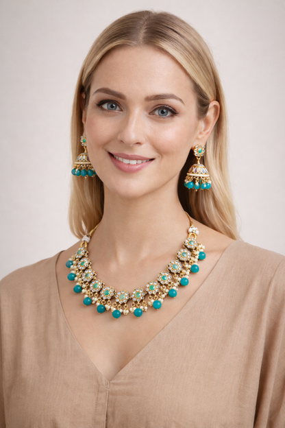 Vellorene Turquoise Floral Necklace Set – Festive Statement Fashion Jewelry