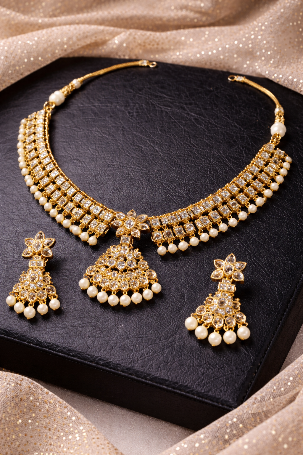 Kundan pearl necklace set with statement pendant and matching earrings traditional bridal jewelry