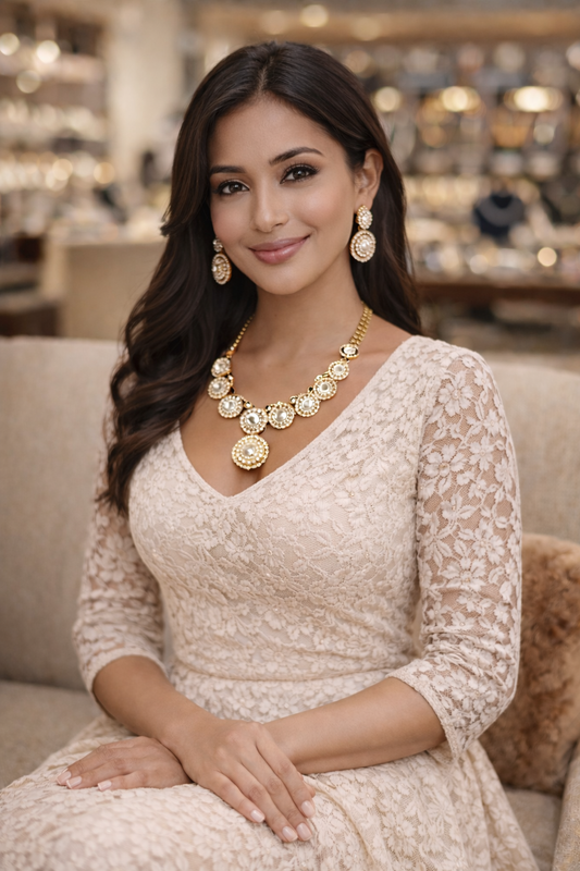 vellorene crystal disc necklace set gold tone statement fashion jewelry with matching earrings