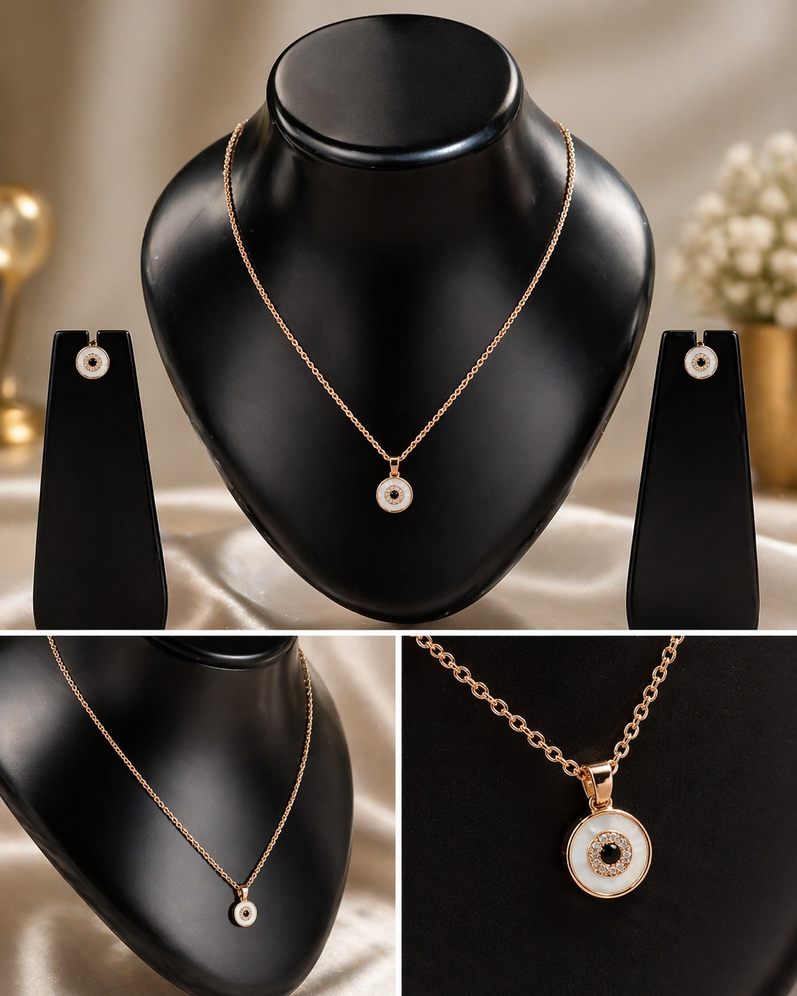 Vellorene rose gold minimal evil eye pendant necklace on black display stand