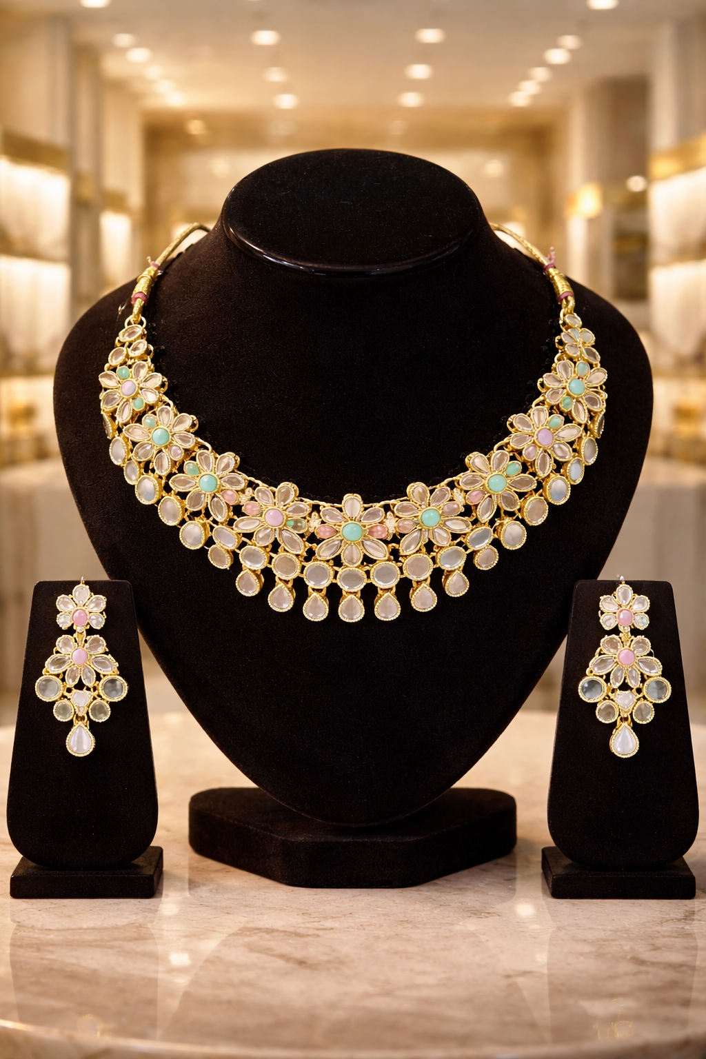 Vellorene Pastel Kundan Floral Jewellery Set