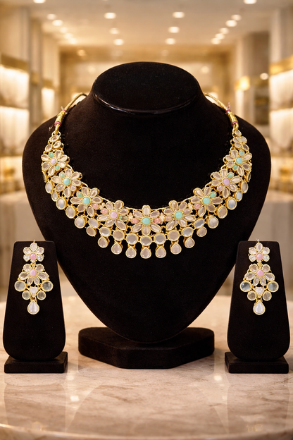 Vellorene Pastel Kundan Floral Jewellery Set