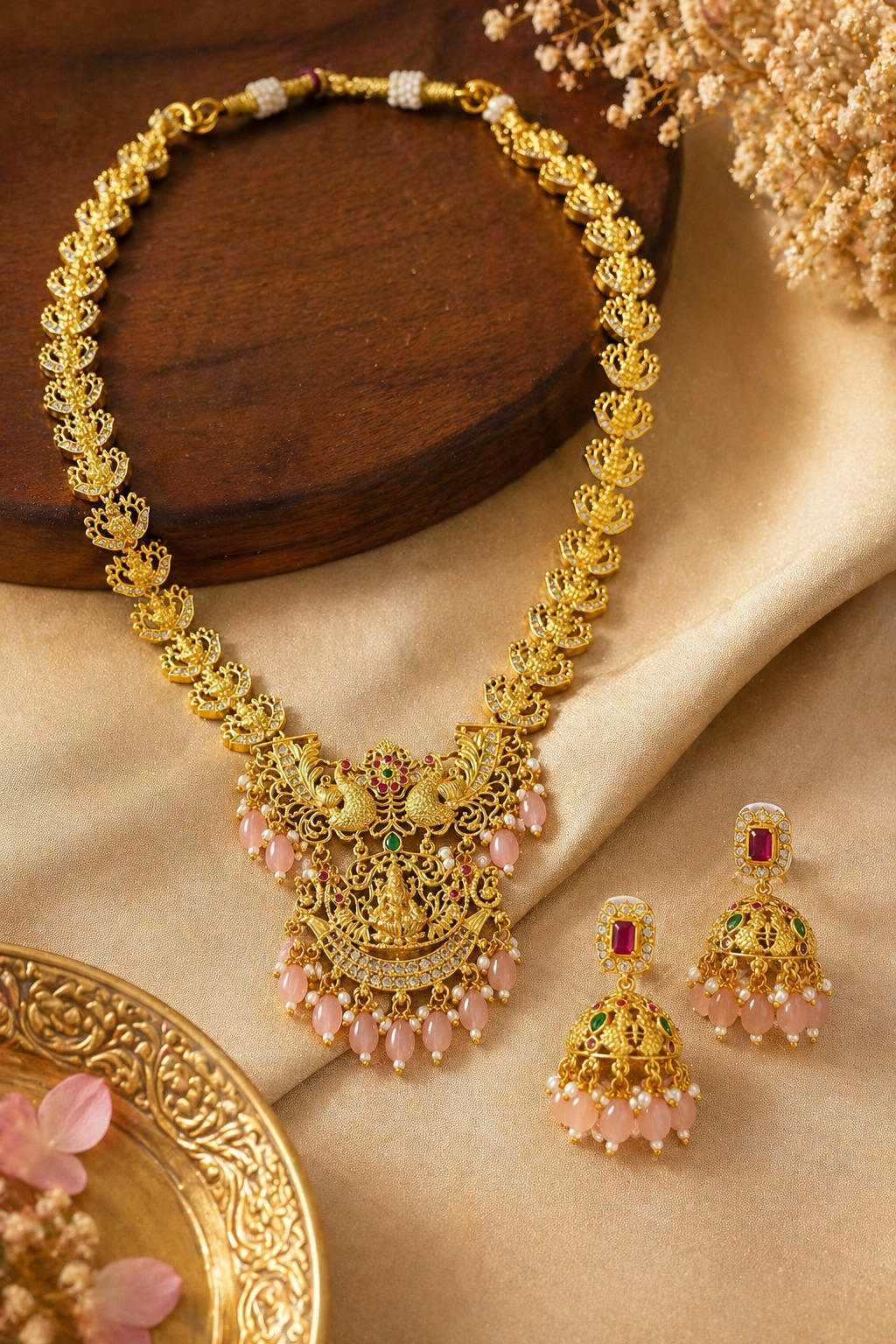 Vellorene Royal Peacock Lakshmi Necklace Set