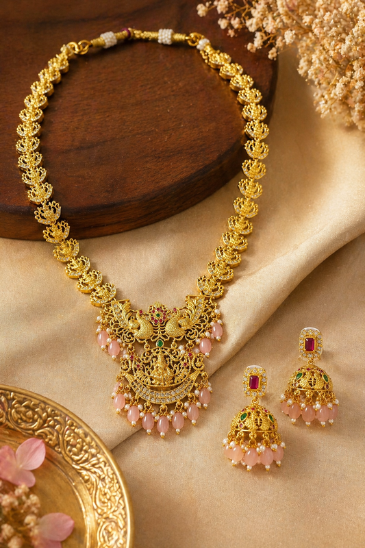 Vellorene Royal Peacock Lakshmi Necklace Set