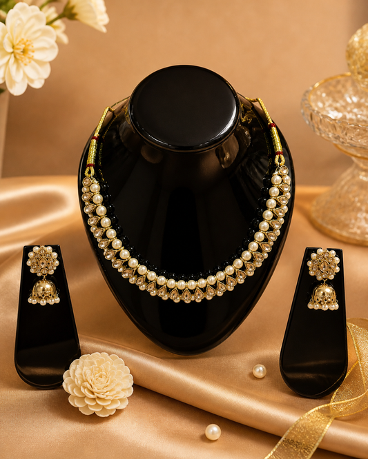 Vellorene Regal Pearl Kundan Necklace Set