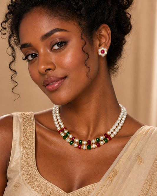 Vellorene Pearl Ruby Emerald Necklace Set
