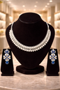 Pearl necklace set with sapphire blue floral earrings elegant crystal jewelry set for wedding and party wear