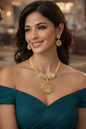 vellorene royal mesh pendant necklace set gold tone champagne stone ethnic fashion jewelry with earrings