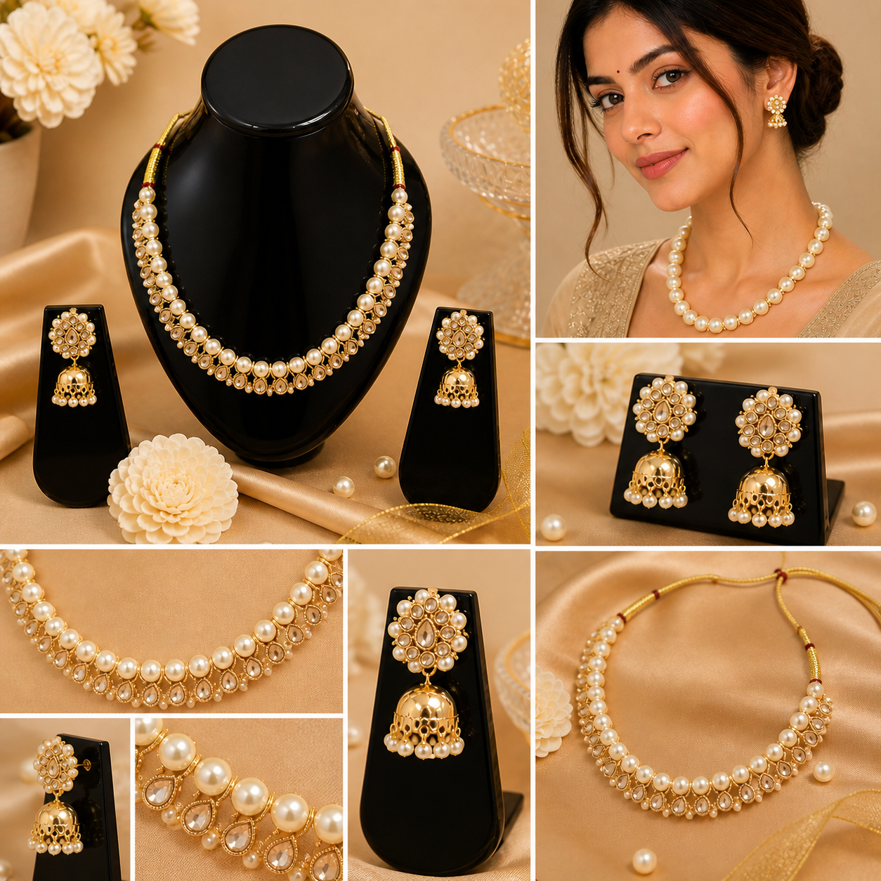 Vellorene Regal Pearl Kundan Necklace Set