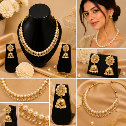 Vellorene Regal Pearl Kundan Necklace Set
