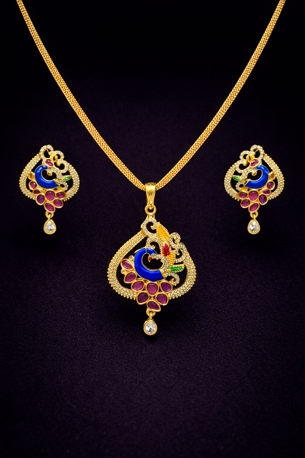Vellorene Royal Enamel Peacock Pendant Set – Gold Tone Designer Necklace