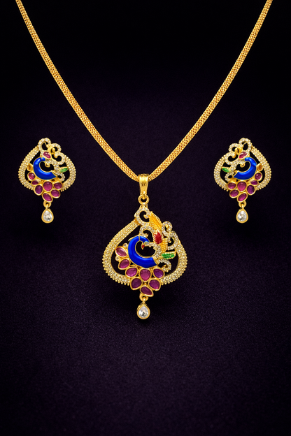 Vellorene Royal Enamel Peacock Pendant Set – Gold Tone Designer Necklace