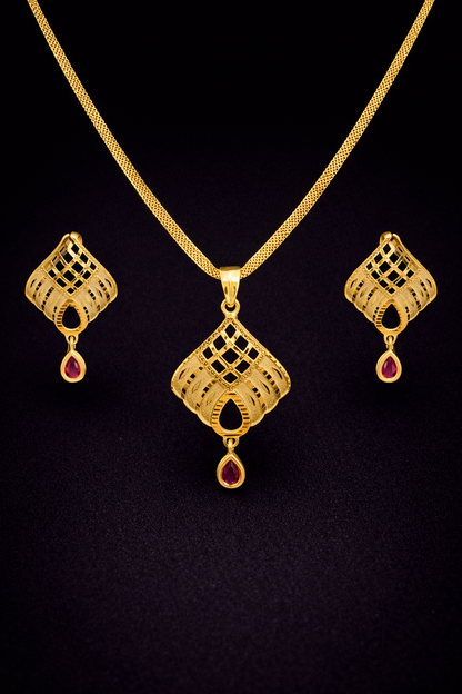 Vellorene Ruby Drop Geometric Pendant Set – Gold Tone Designer Necklace