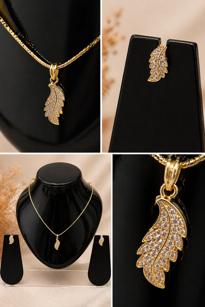 Vellorene Feather Drop Pendant Set – Minimal Gold Elegance