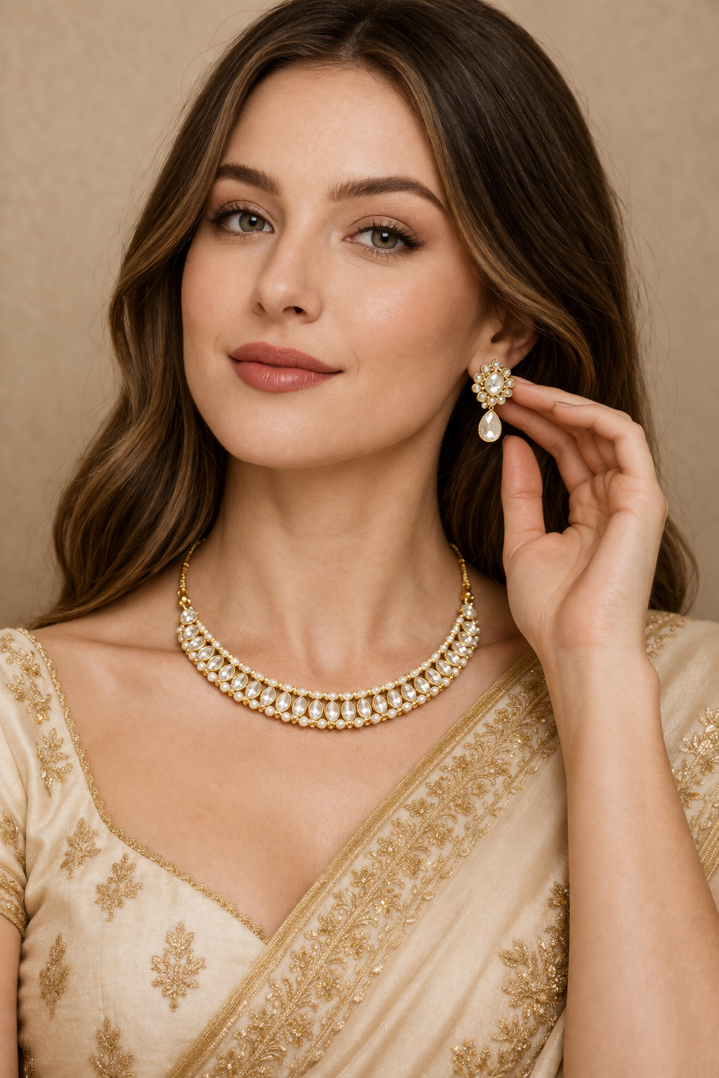 Vellorene Kundan Pearl Choker Jewellery Set
