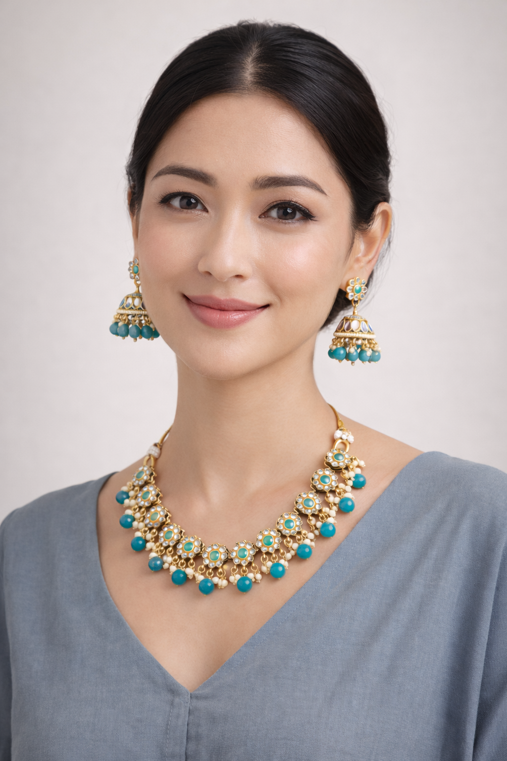 Vellorene Turquoise Floral Necklace Set – Festive Statement Fashion Jewelry