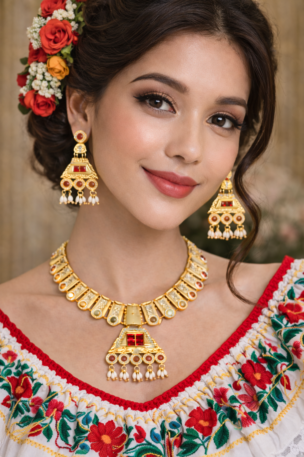 vellorene royal temple necklace set gold tone fashion jewelry with ruby stones pearl drops and matching earrings