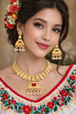 vellorene royal temple necklace set gold tone fashion jewelry with ruby stones pearl drops and matching earrings