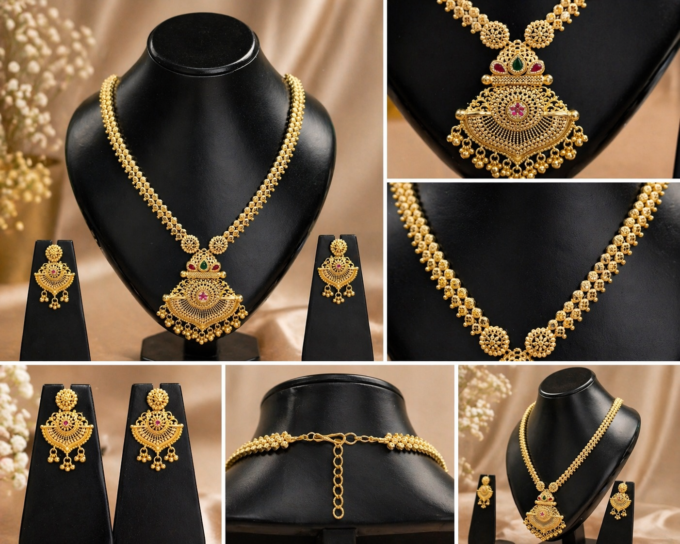 Vellorene Royal Temple Pendant Necklace Set – Gold Tone Traditional Jewellery