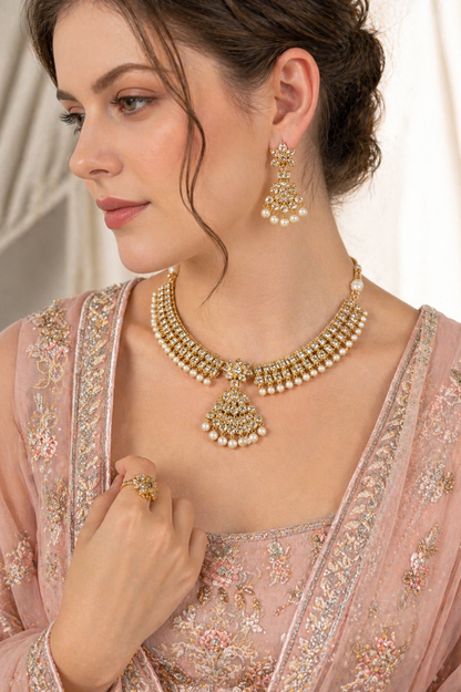 Vellorene Regal Kundan Pearl Necklace Set