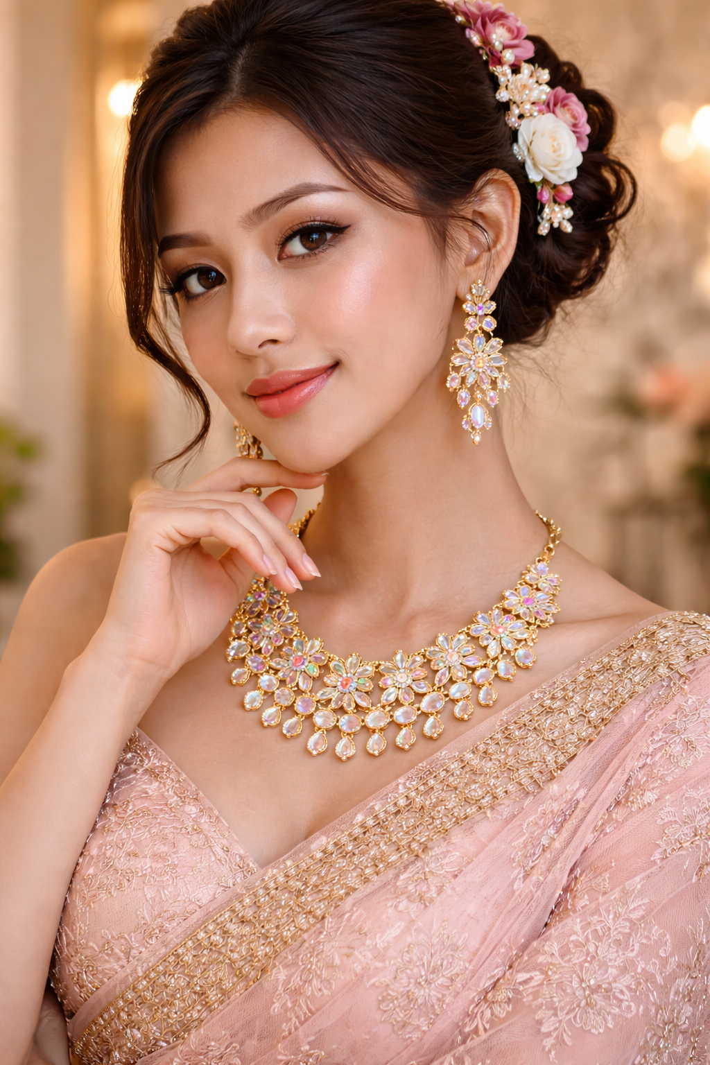 Vellorene Pastel Kundan Floral Jewellery Set