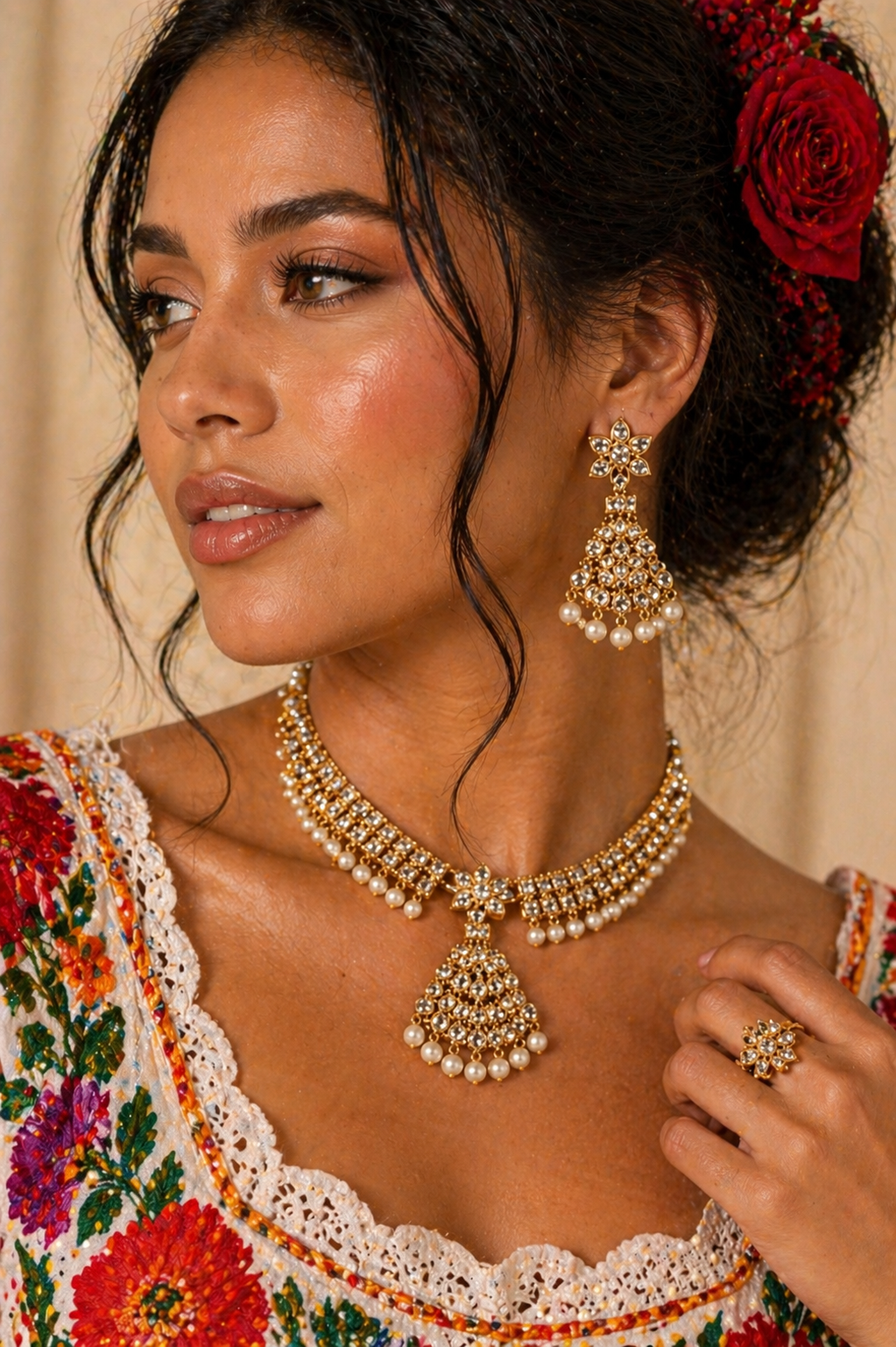 Vellorene Regal Kundan Pearl Necklace Set